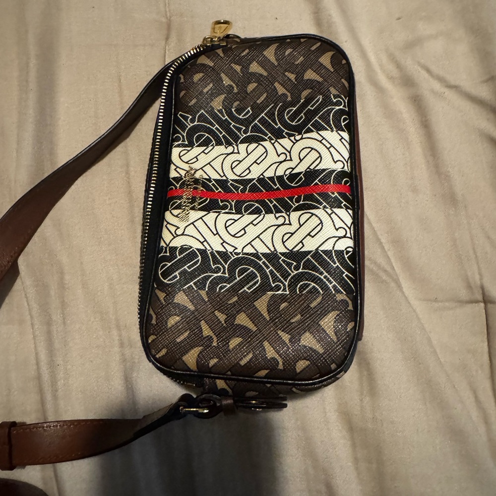 Brown and Red Quilted Belt Bag with Stripes